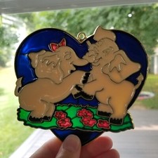 Vtg Stained Glass Suncatcher Window Decor Elephant Couple Blue Heart 5"