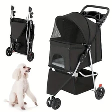 3-Wheel Foldable Pet Stroller with Weather Cover, Breathable Mesh for Dogs Cats