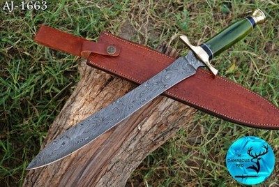 Custom Handmade Forged Damascus Steel Sword W/ Camel Bone & Brass Handle 1663.