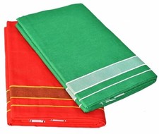 Men's Cool Cotton Dhoti with border/Length- 2.0mtr Red  Parrot Green 