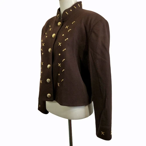 Vtg Cropped Wool Jacket Womens Large Brown Studded Military Western Rodeo Crop