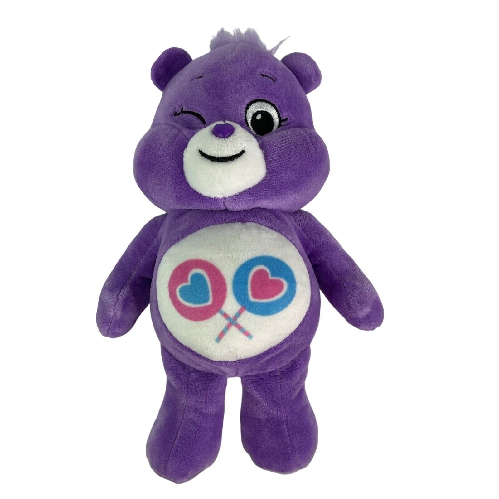 Vintage CARE BEAR Plush SHARE Bear Purple LOLLIPOPS HEARTS 10” Stuffed Animal