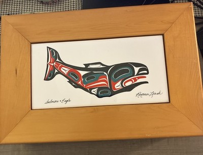  Salmon & Eagle'' ceramic art tile box signed Alaskan Native artist Roxana Leask 