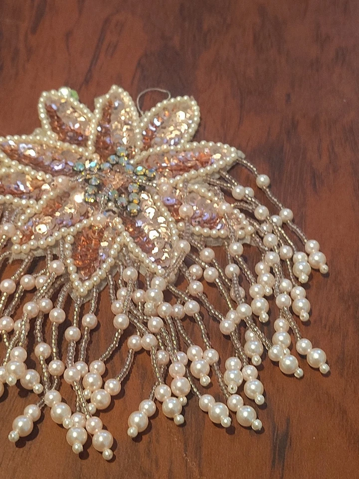 Parche colgante vintage bordado flor rosa grande con cuentas lentejuelas 6" Foto 4 de 4