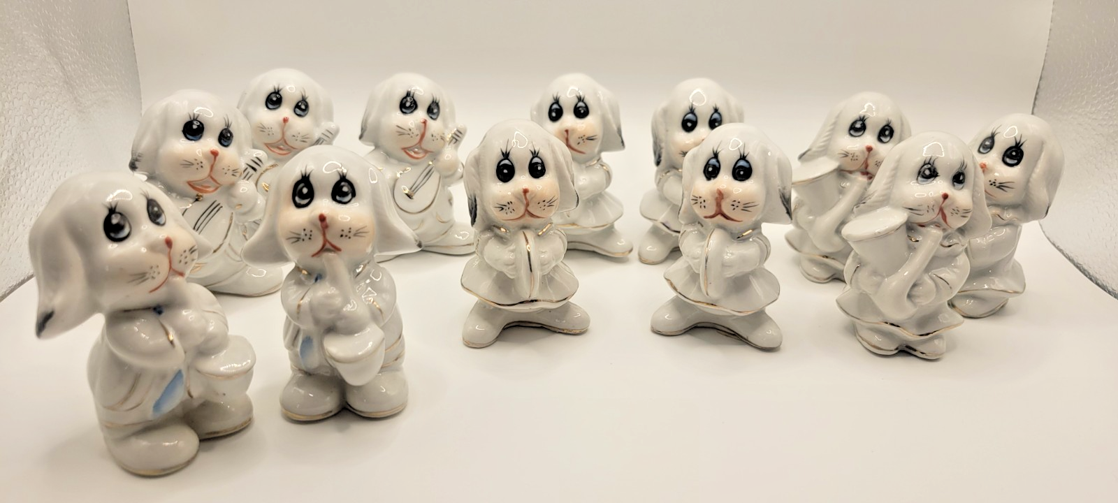 Vintage Chinese Porcelain Puppies Set Band Playing Dog Hand Painted Lot of 12