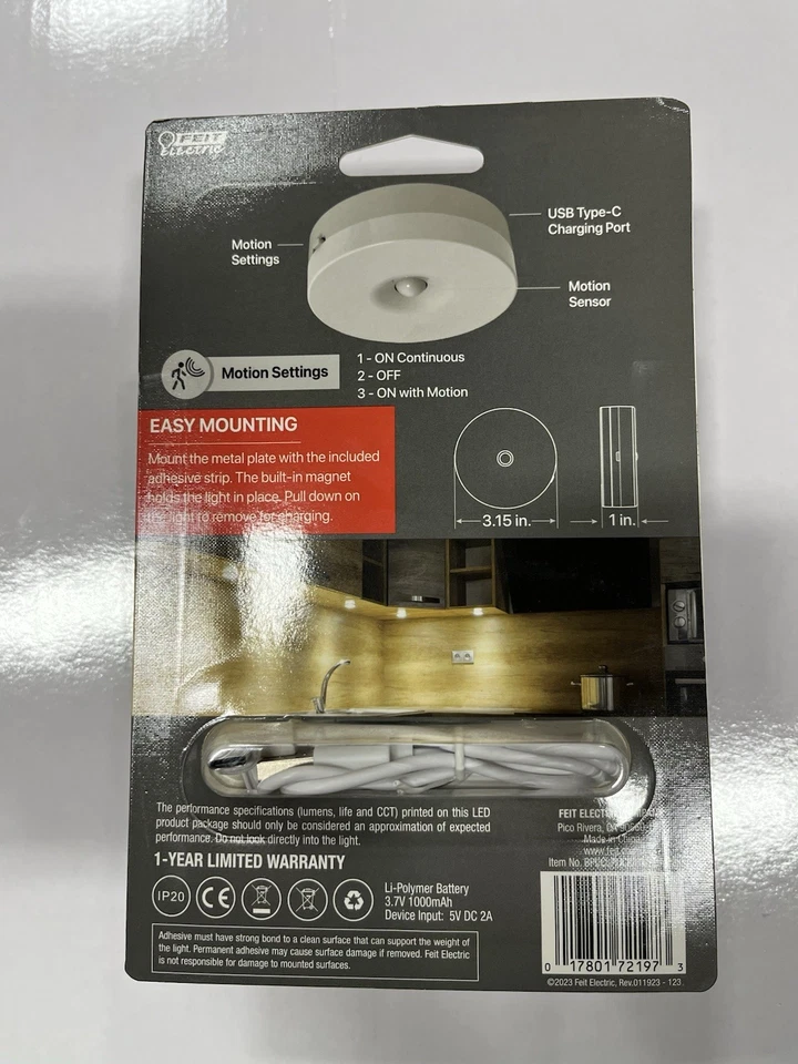 Feit Electric 3” Battery Operated Motion Sensor LED Under Cabinet Puck Light 3pc - Image 4 of 4