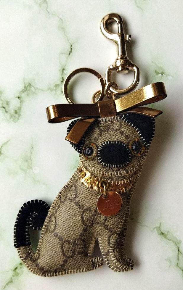 GUCCI Bag Charm Key Ring Guccioli Pug Dog Oliver GG Leather H7