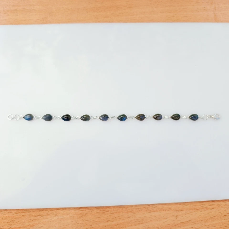 Natural Labradorite Gemstone Bracelet 925 Sterling Silver Handmade Jewelry - Image 4 of 4