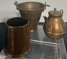 3 Pc Vintage Miniature Brass Copper Doll House Kitchenware Pail Kettle Mug