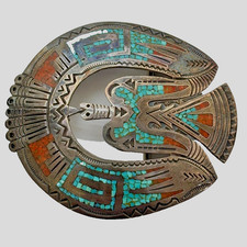 Native American Belt Buckle Horseshoe Bird Mosaic Turquoise Sterling Vintage 61g