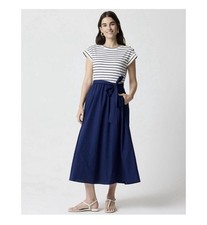 J Crew Midi Americana Preppy Nautical Tie Waist Pockets Mixy Dress M Navy Ivory