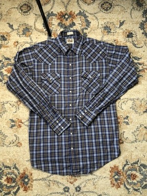 ELY Cattleman Shirt Mens Large Tall Blue Plaid Western Pearl Snap Cowboy