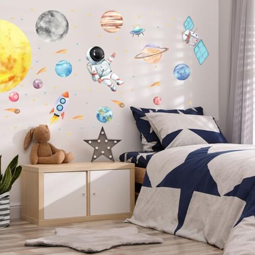 Space Astronaut Spacecraft Wall Decals - Watercolor Solar System Wall Stickers - Picture 7 of 8
