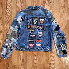 Patched Denim Gap Xl Jean Jacket Upcycled Patched Sleeve Jean Jacket Rock Patch