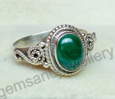 Natural Malachite Oval Ring 925 Sterling Silver Handmade Dainty Boho Ring