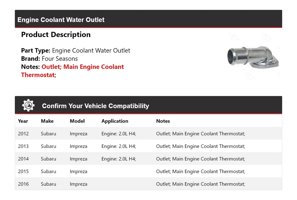 Salida de agua refrigerante motor Subaru Impreza 2012-2016 4 estaciones 2013 2014 Foto 2 de 4
