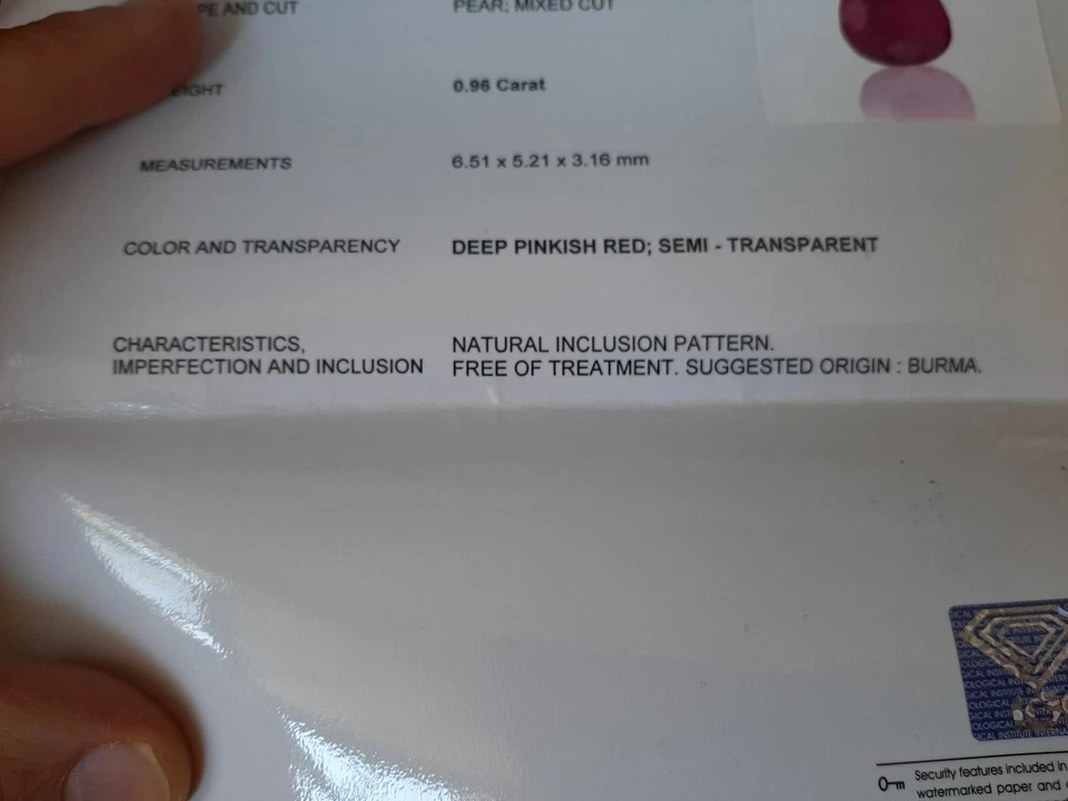 Natural Ruby, 0.96ct., UNHEATED,  IGI Certificate, Mogok Burma, Pear Shape - Image 4 of 4