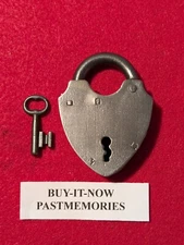 1880's "SHIELD" WROUGHT IRON PADLOCK w/ KEY, OLD VINTAGE ANTIQUE LOCK