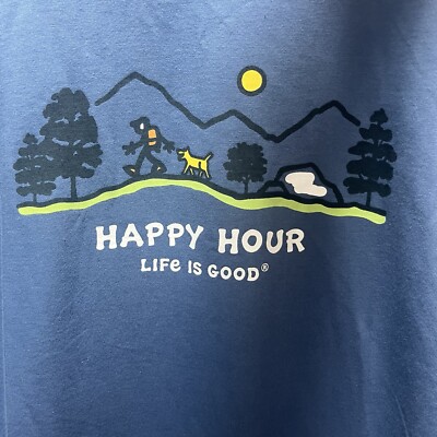 Life is Good Men's Short Sleeve T Shirt Size Large Hiking Happy Hour Blue NEW