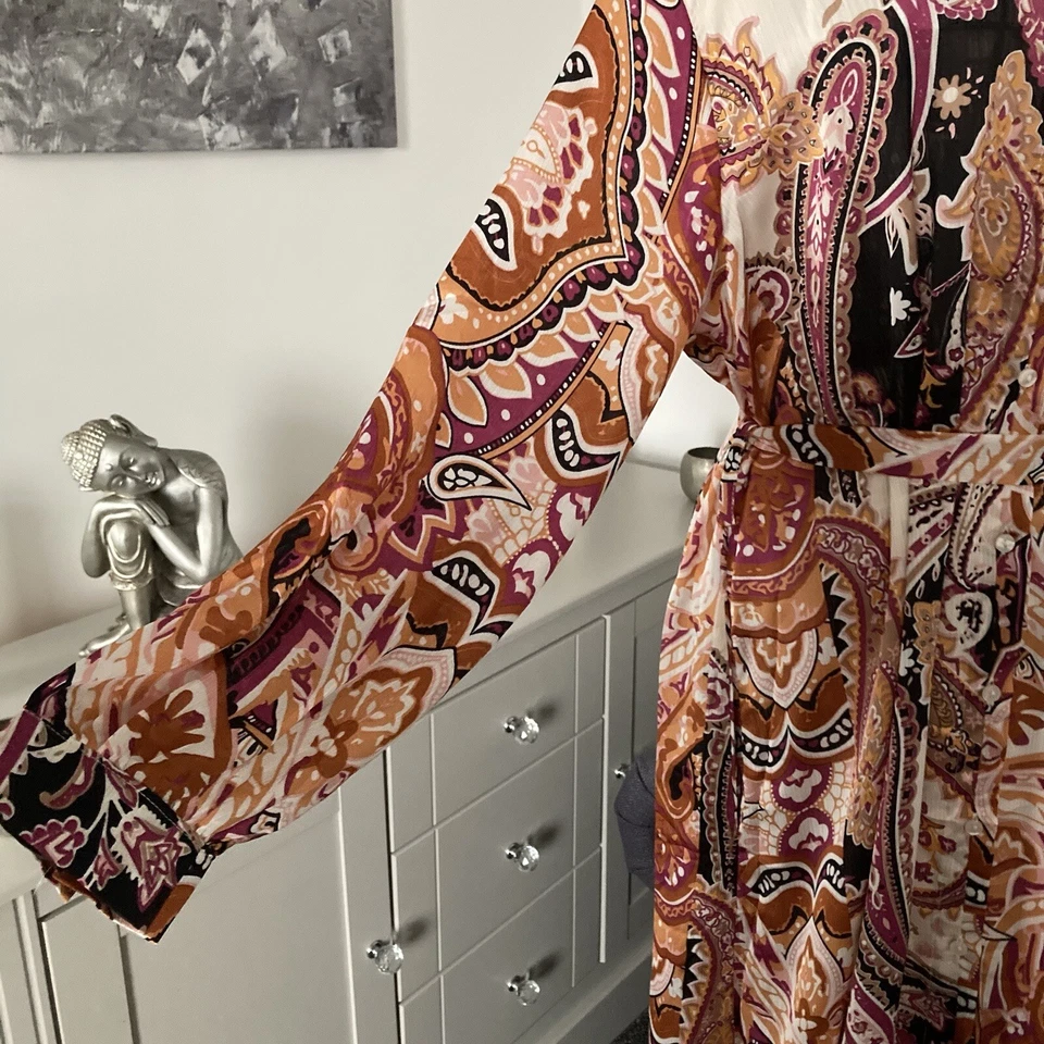 Черный и желтовато-коричневый пейсли воротник длинным рукавом карманом подпоясанный Midi рубашка платье 10-12 - Изображение 4 из 4