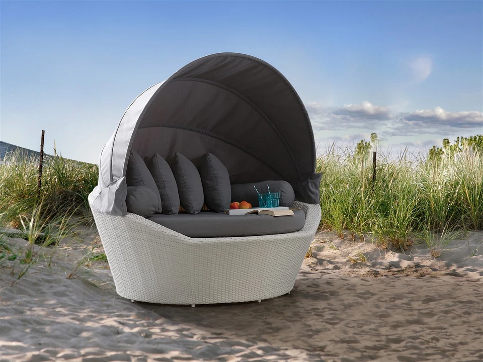 Designer Rattan Strandkorb Sonneninsel Strandmuschel Gartenliege weiss grau NEU - Bild 1 von 4