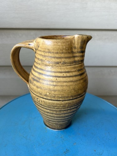 Vintage MCM Cantrell Yellow Ribbed Art Pottery Pitcher 7" Retro-See Notes