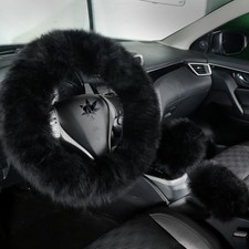 Fluffy Genuine Sheepskin Steering Wheel Cover Set For Women Parents-fuzzy Black