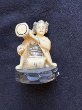 Netsuke  Woman Figurine Holding Baggage On Shoulder  Scrimshaw On Front & Back