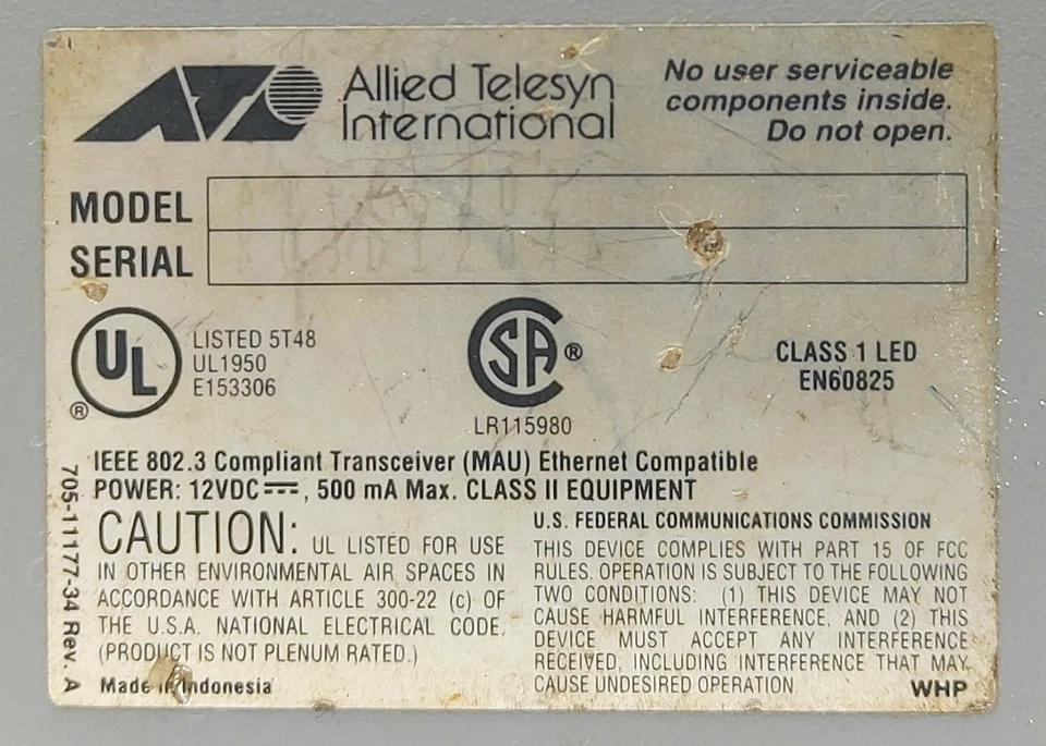 Allied telesyn AT- FS202 IEEE 802.3/802.3U Fast Ethernet Fiber Media Rate Switch - Image 4 of 4