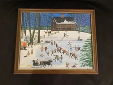 Picture REGI KLEIN American Folk Art WINTER Ice Skating Scene Matted Frame Print