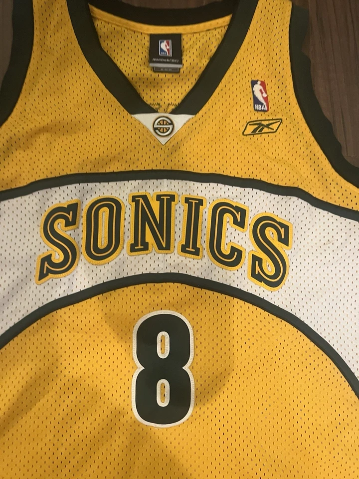 CAMISETA DE LOS SUPERSONICS DE LOS SEATTLE FIRMADA POR LUKE RIDNOUR AMARILLA ANTIGUA 2X RARA SWINGMAN AUTO Foto 3 de 4