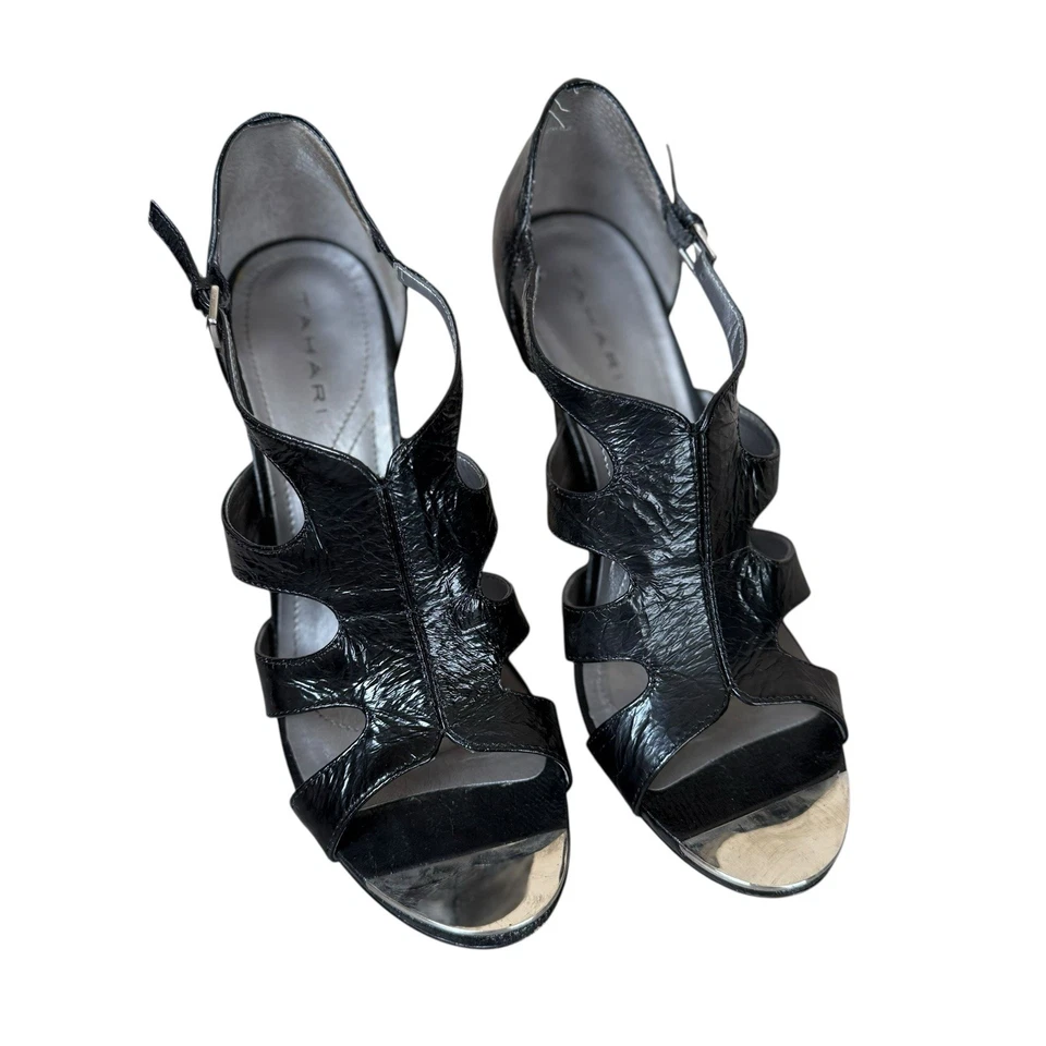"Sandalia Tahari de cuero enjaulado negro Shasta 4"" tacón alto 9,5 M Stiletto glam fiesta" Foto 2 de 4