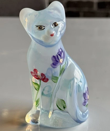 Lenox Art Glass Cat Figurine by A. Crown Hand Painted Floral Opalescent