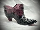 FENTON Hand Painted Glass Amethyst Purple Cabbage Rose Shoe Slipper (A3)