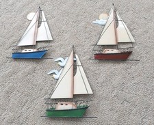 Nautical Sailboat Wall Decor 3D Set 3 Vintage Boats Lake House Green Red Blue E2