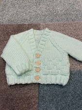 Hand knitted V neck baby cardigan pale mint 0-3 m