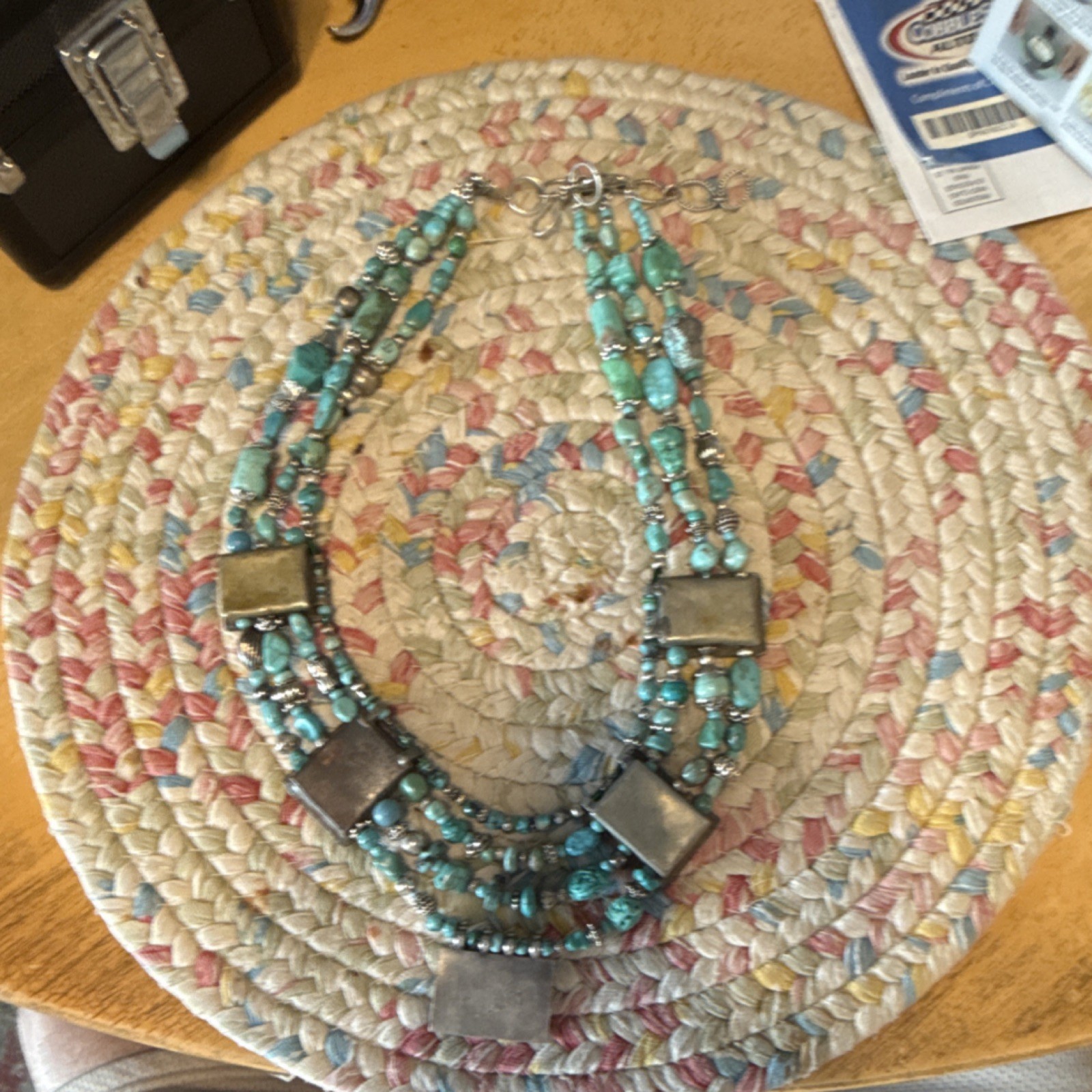 Beaded Necklace Turquoise Rectangular Silver Pend… - image 6