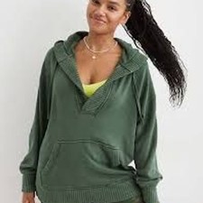 Aerie Olive Green Ribbed V-Neck Hoodie Sweatshirt