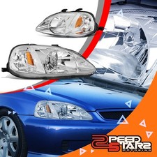 Fits 99-00 Honda Civic Chrome Head Lights Headlamps Amber Reflector Lens Pair