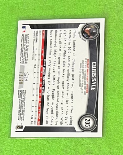 Chris Sale 2011 Topps Chrome 205 RC Sepia Refractor 72/99 - Picture 2 of 2