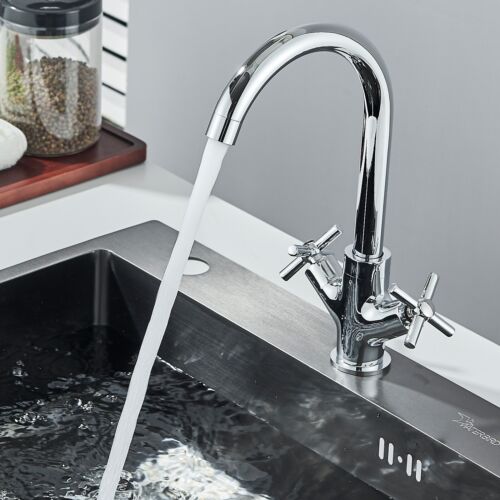 Modern Kitchen Sink Mixer Taps Swivel Spout Twin Lever Tap Mono Faucet Chrome - Picture 4 of 9
