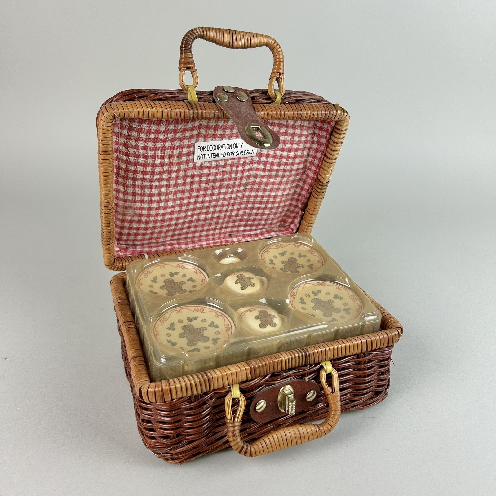 Vintage Miniature Porcelain Gingerbread Picnic Tea Set & Wicker Basket