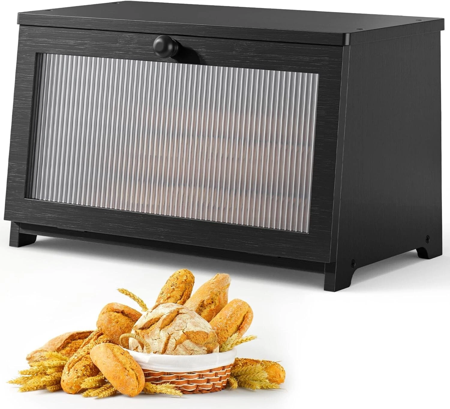 Wooden Bread Box for Kitchen Countertop Large Capacity with Window (Black)