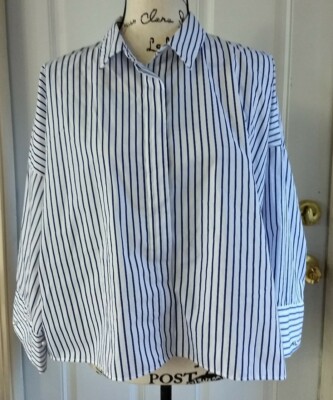 Zara Basic Collection White Blue Pin Stripes Button Down Boxy Blouse Hi Lo Hem M