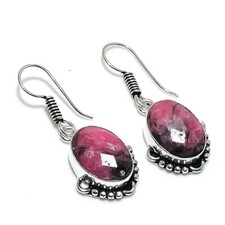 Natural Rhodonite Gemstone Handmade 925 Sterling Silver Jewelry Earring Sz 1.2"
