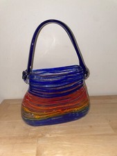 Vintage HandBlown Art Glass Purse Vase multi color stripes makeup container 