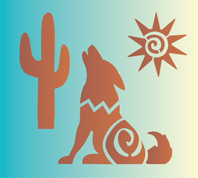 Stencil Joanie Aztec Desert Wolf Southwest Howling Cactus Kokopelli Sun DIY Sign