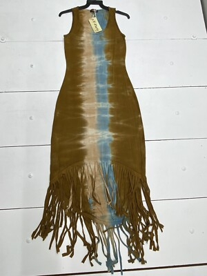 #ad T Party Boutique Brown Turquoise Bleach Fringe Hi Low Dress Women Size M NEW $31.05