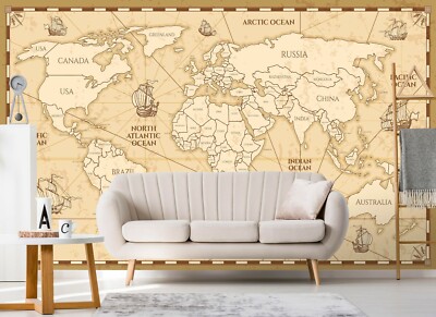3D Yellow Boat 329NAO World Map Wallpaper Mural Removable Self-adhesive Amy
