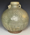 LARGE Ancient Style Thai Sawankhalok Carved Lotus Celadon Stoneware Vase Jar